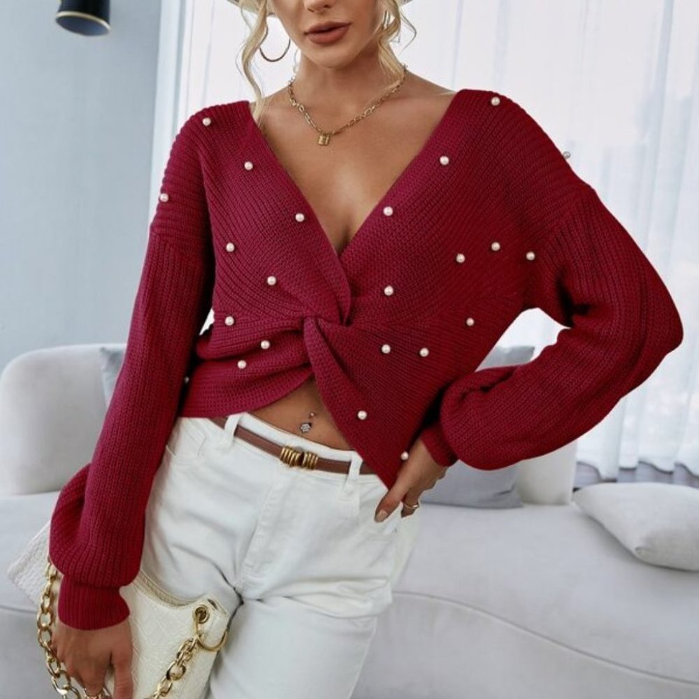 Burgundy Reversible Twist Knit Sweater Top - Picture 6 of 8